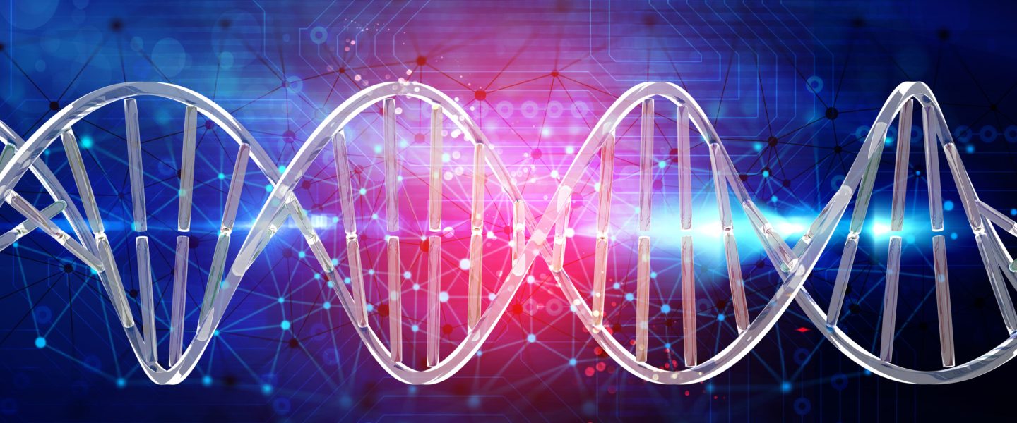 3D abstract techno background with connecting dots and lines and DNA strand