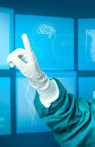 Hand in medical glove pointing to virtual screen medical technology